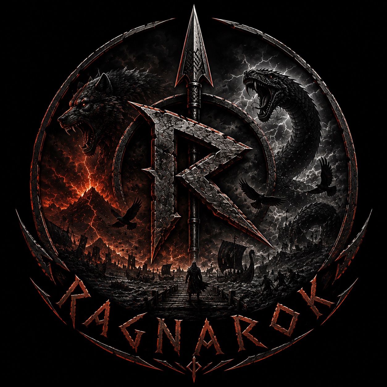 Ragnarok emblem with wolf, serpent, spear and Viking ships